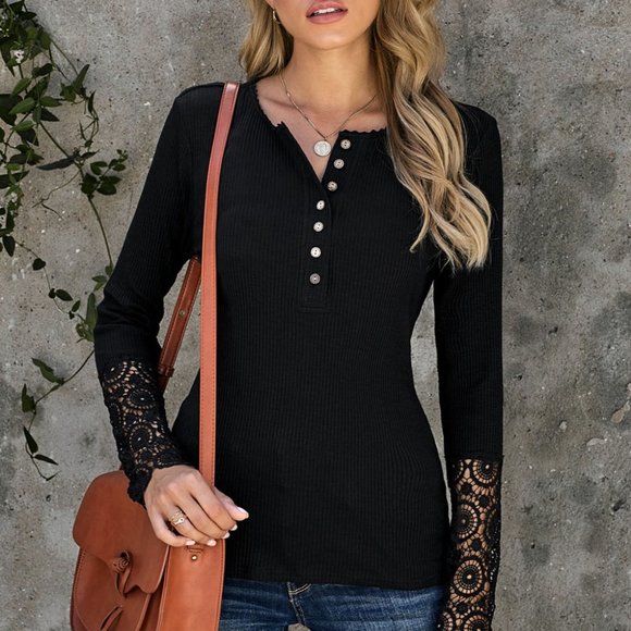 Black Crochet Lace Hem Sleeve Button Top - Picture 8 of 14